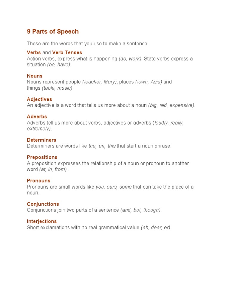 9 Parts of Speech | PDF | Language Arts & Discipline