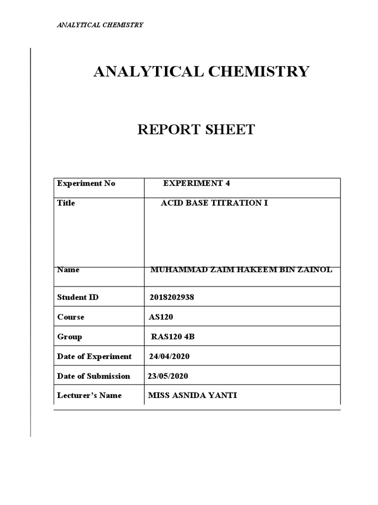 Analytical Chemistry Lab Report Exp 4 PDF Mole (Unit) Titration