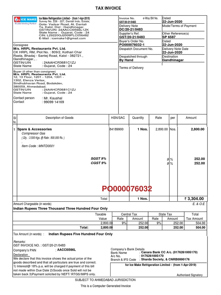 Tax Invoice: Ice Make Refrigeration Limited - (From 1-Apr-2019) | PDF ...