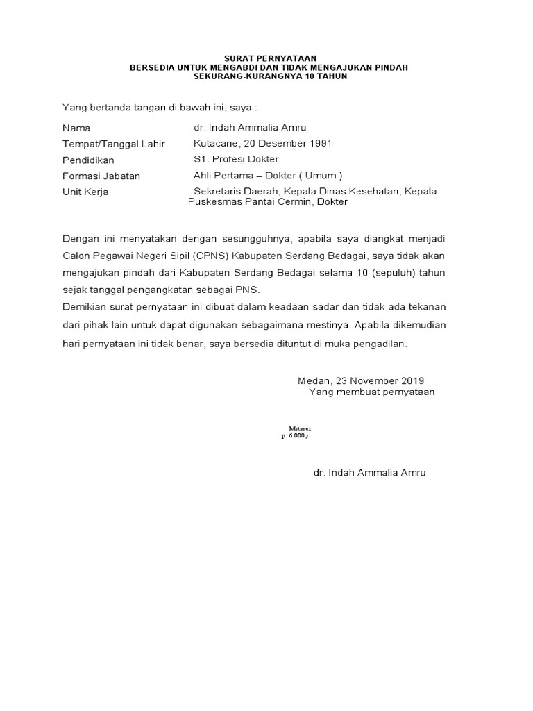 Contoh Surat Pernyataan Tidak Pindah Selama 10 Tahun | PDF