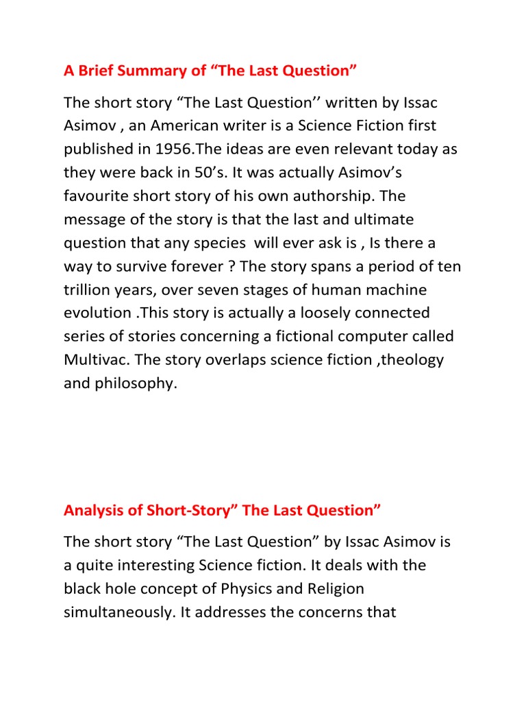 An Analysis of Isaac Asimov's Short Story "The Last Question PDF
