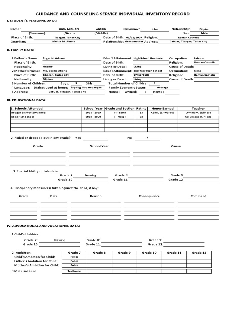Guidance and Counseling Service Individual Inventory Record | PDF ...
