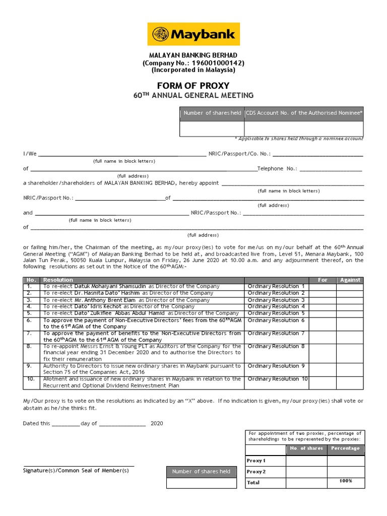 Form of Proxy | PDF | Corporate Law | Malaysia