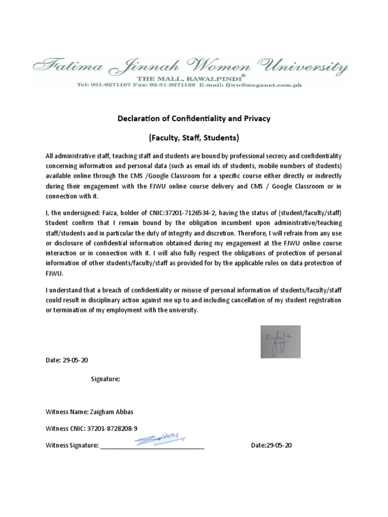 Declaration of Confidentiality and Privacy (Faculty, Staff, Students) | PDF