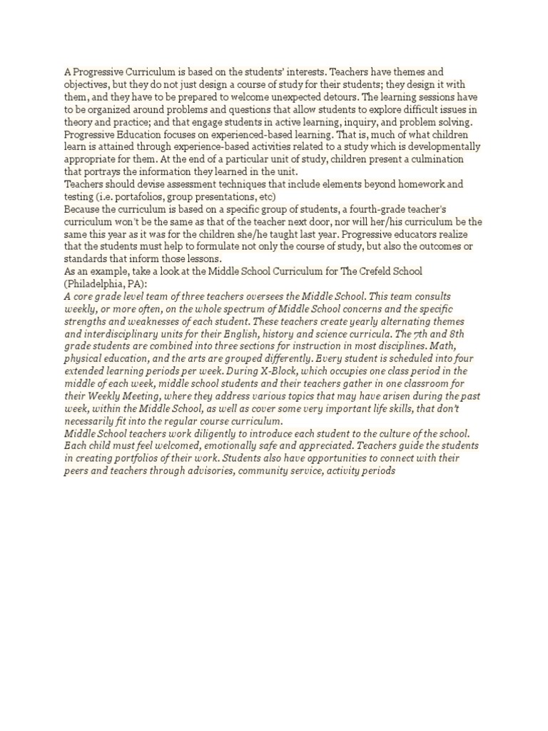Progressive Curriculum Overview | PDF | Curriculum | Teachers