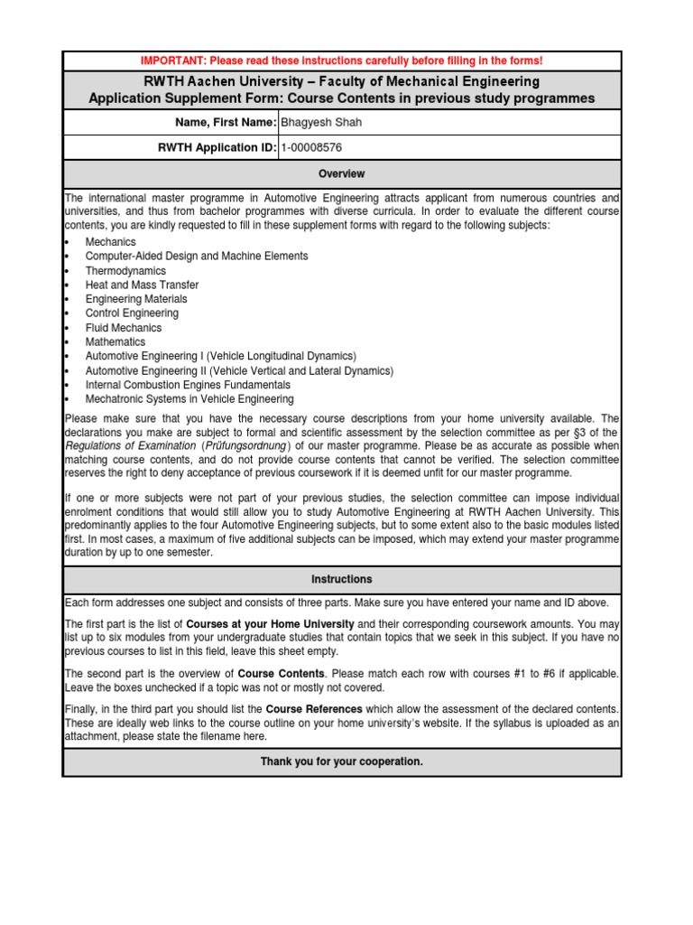 RWTH Application Course Form | PDF | Transmission (Mechanics) | Clutch