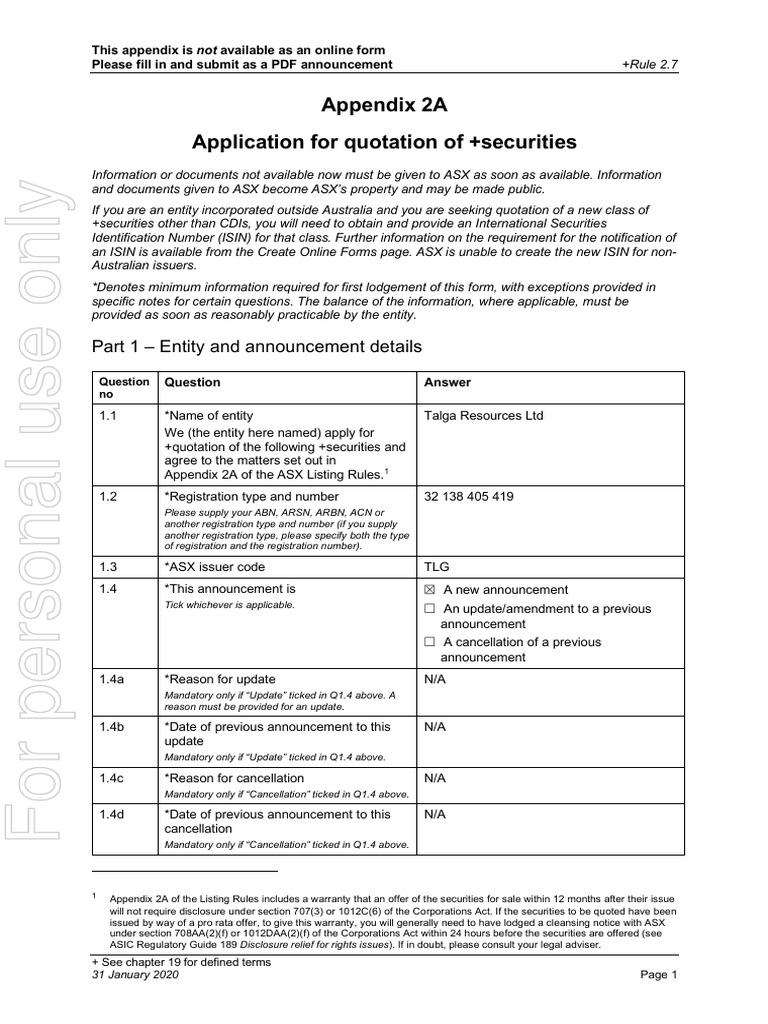 Appendix 2A Application For Quotation of +securities Part 1 Entity and Announcement Details