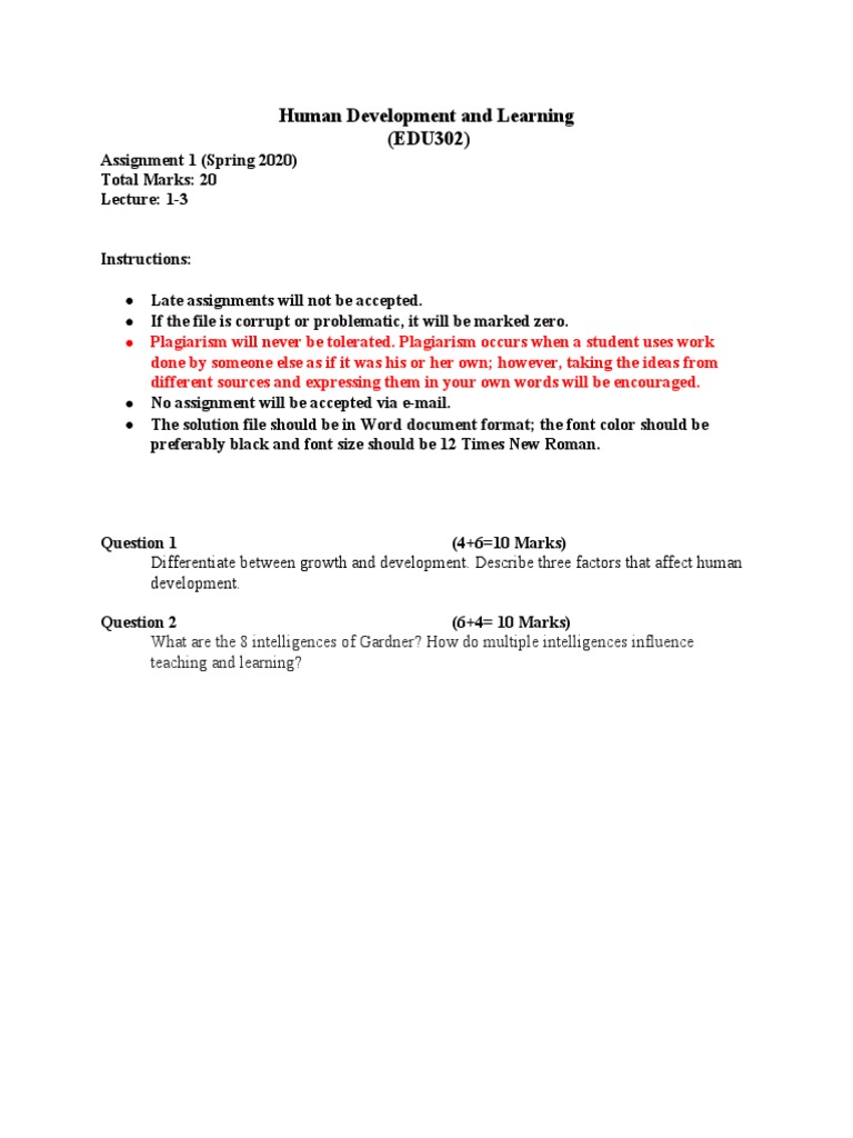 Human Development and Learning (EDU302) : Assignment 1 (Spring 2020 ...