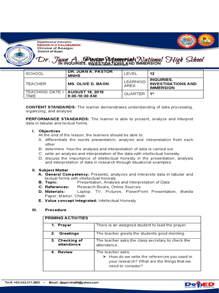 Grade 12 Inquiry Lesson Plan | PDF | Learning | Data