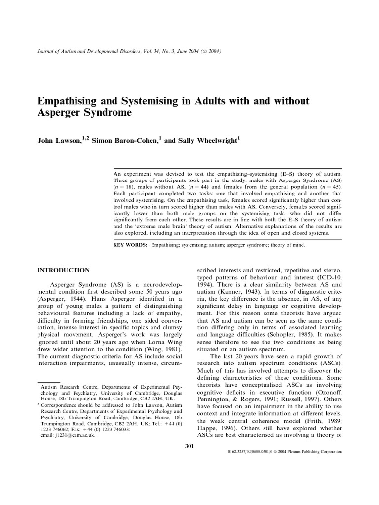 2004 Lawson Etal JADD PDF | PDF | Empathy | Asperger Syndrome