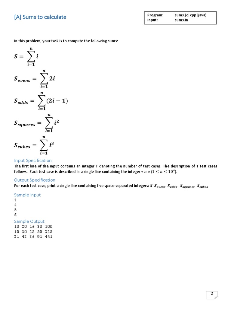 (A) Sums To Calculate: Input Specification | PDF | Mean | Numbers