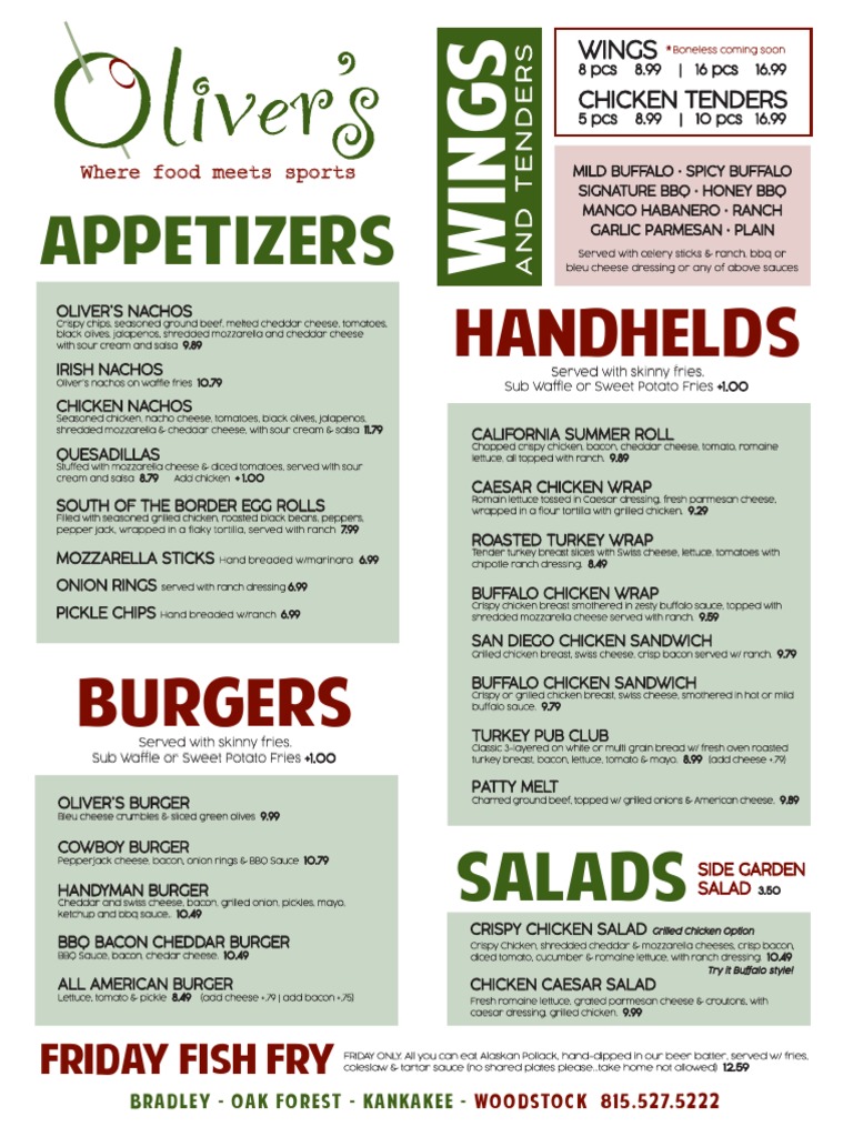 Olivers Menu PDF Hamburgers Salad