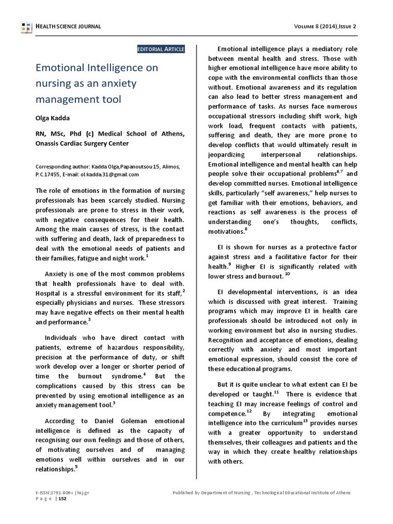 Emotional Intelligence in Nursing Anxiety Management | PDF | Stress ...