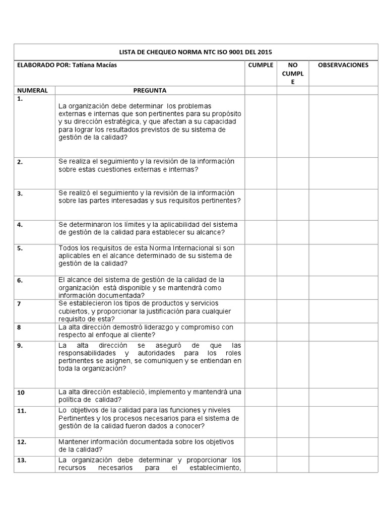 Lista de Chequeo Norma NTC Iso 9001 Del 2015 | PDF | Gestión de la ...
