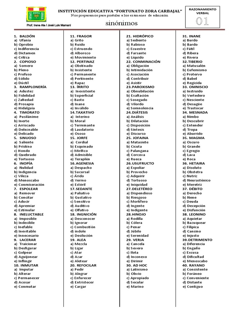 Práctica #1 Sinonimos - Nivel Preuniversitario | PDF
