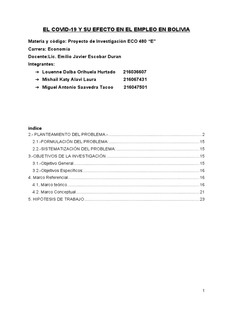 Impacto del COVID-19 en el Empleo en Bolivia | PDF | Desempleo ...