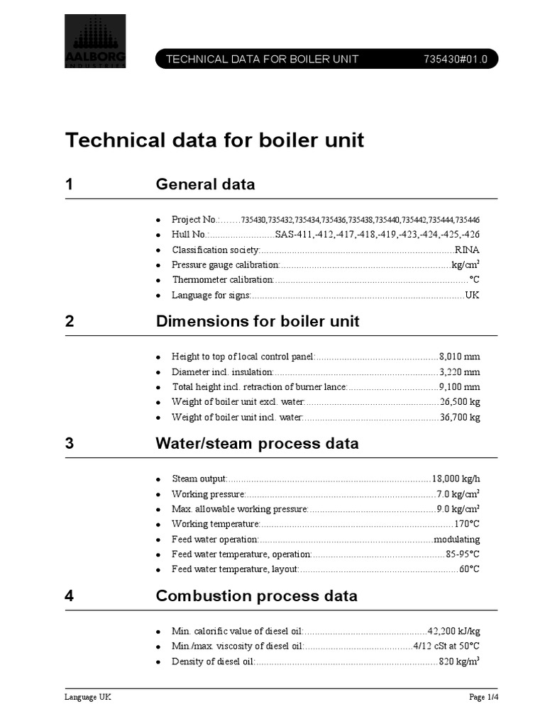 Boiler Unit Technical Specifications | PDF | Fuel Oil | Boiler