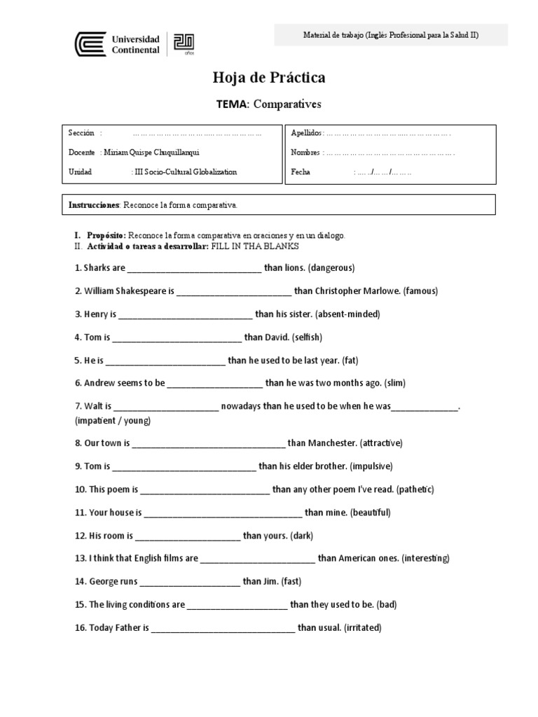 Hoja de Practica - Comparatives | PDF | Social Science