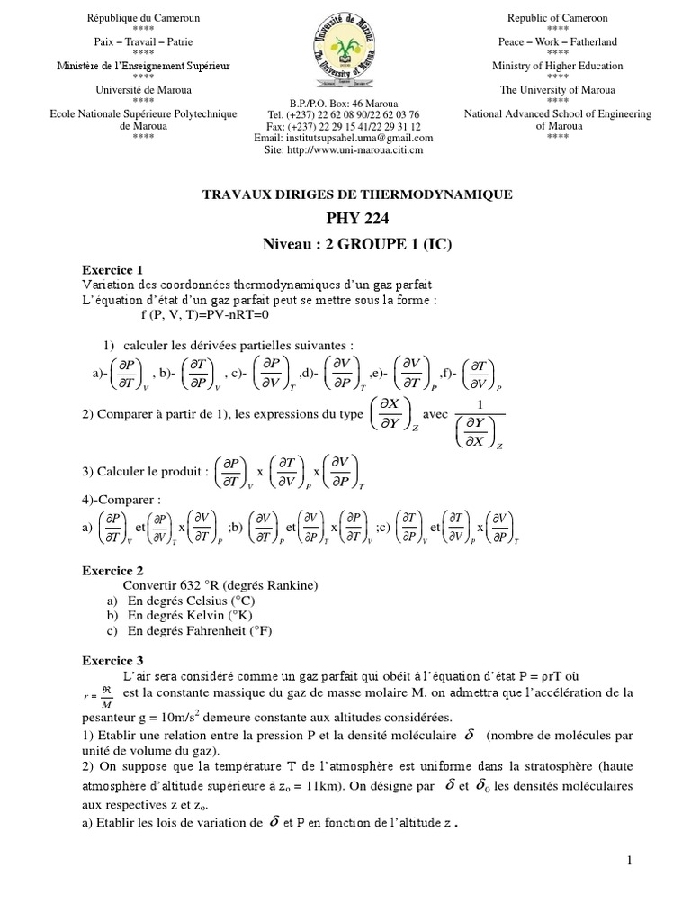 T D de Thermodynamique Ic Enspm PDF, PDF