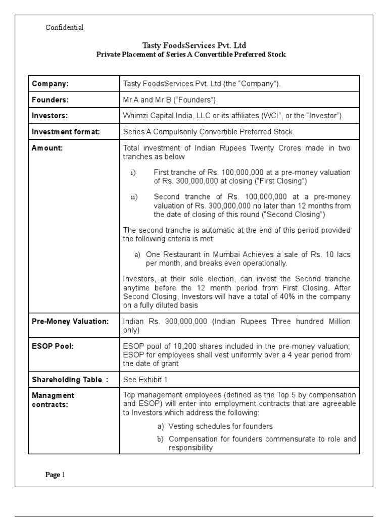 Sample Termsheet  PDF  Stocks  Investor With Convertible Note Term Sheet Template