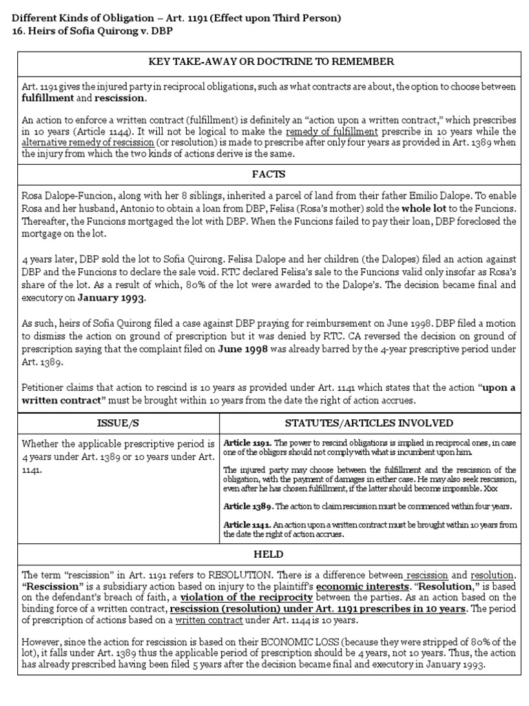 Heirs of Sofia Quirong v. DBP PDF Statute Of Limitations Contract Law