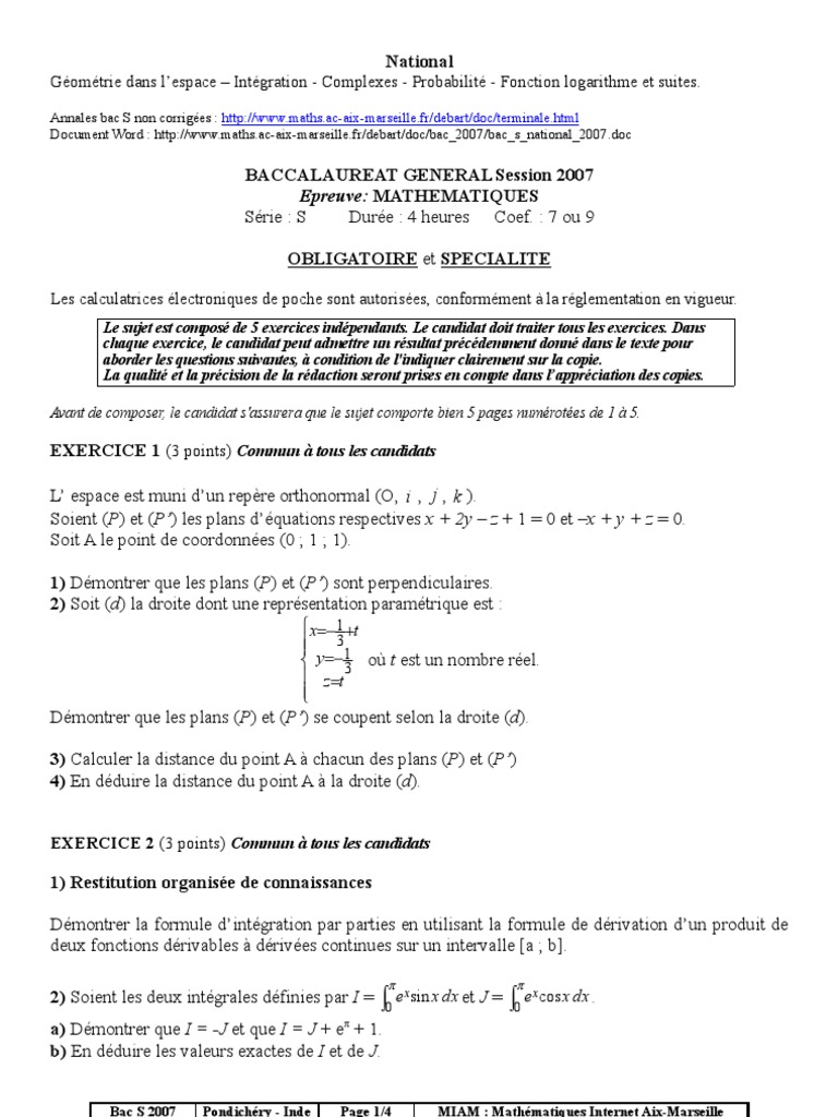 Sujet de maths Bac S 2007 | PDF | Nombre complexe | Intégral