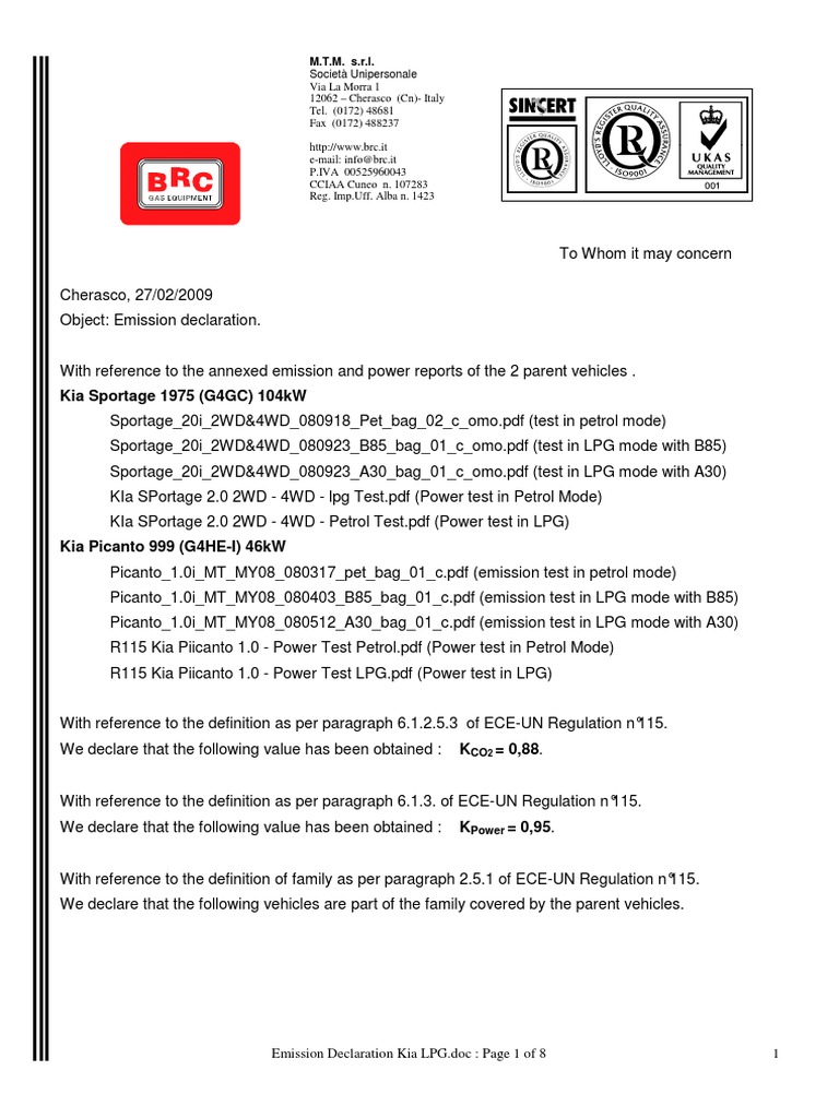 Emission Declaration Kia LPG | PDF | Automotive Industry | Wheeled Vehicles