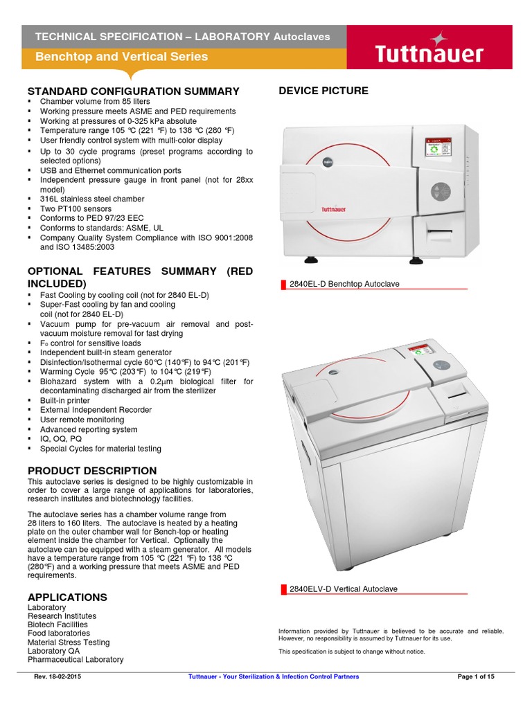 Benchtop and Vertical Laboratory Autoclaves Technical Spec PDF