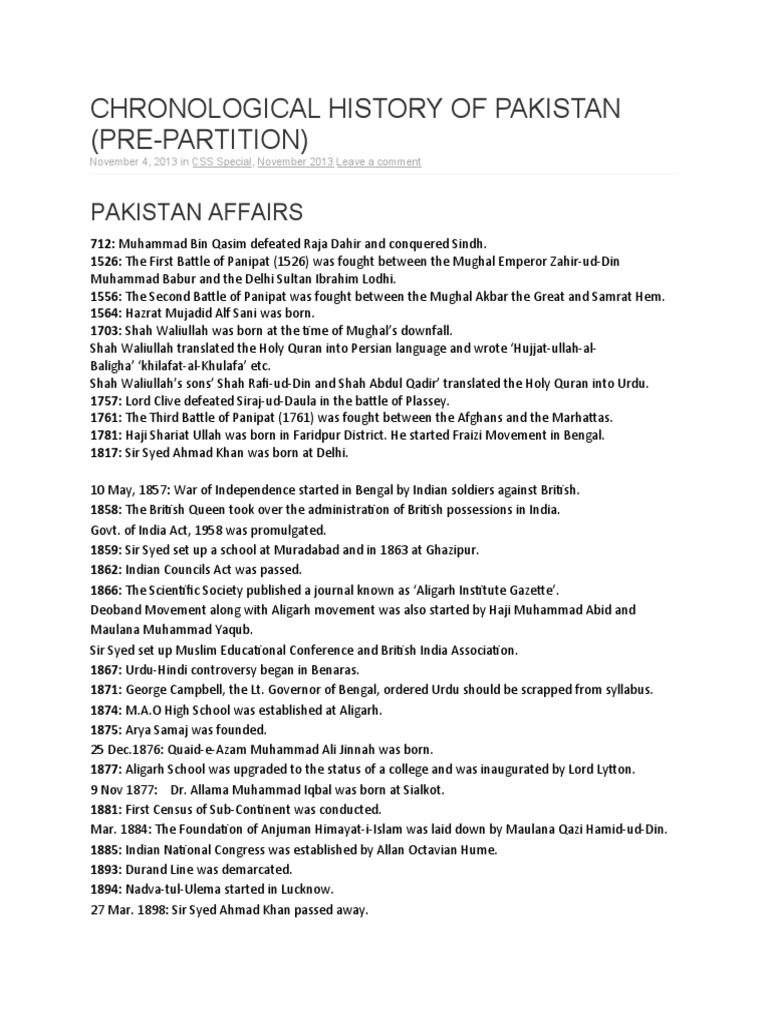 Pre-Partition Timeline of Pakistan | PDF | All India Muslim League ...