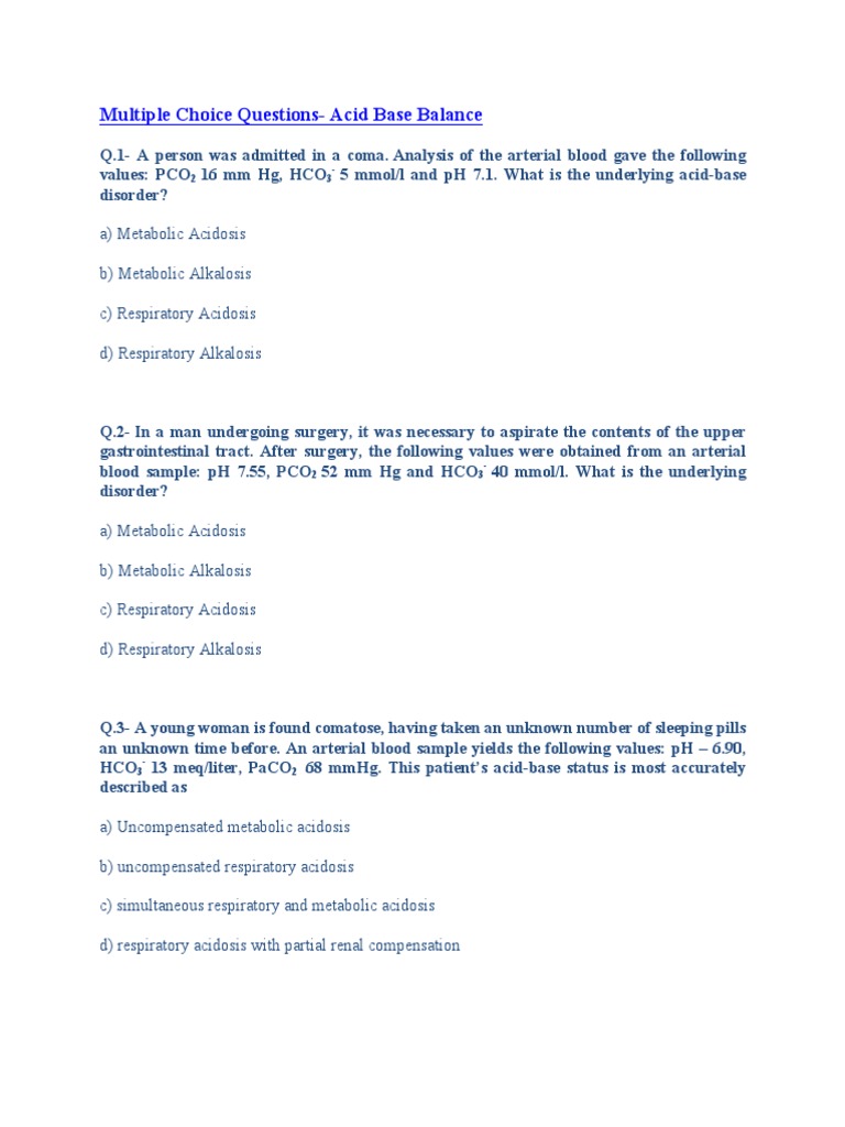Acid-Base Balance MCQs and Answers | PDF | Metabolic Disorders | Metabolism