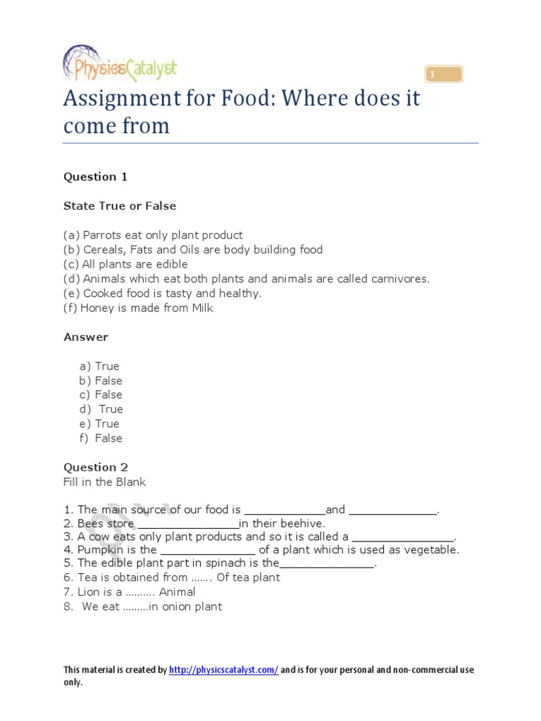 Assignment - Class6 - Where Does It Come From 1 PDF | PDF | Foods | Plants