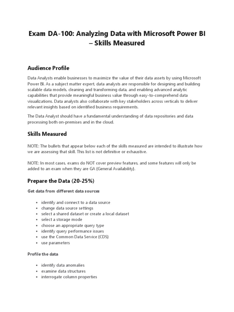 Da 100 Exam Skills Measured Pdf Data Analysis Usability