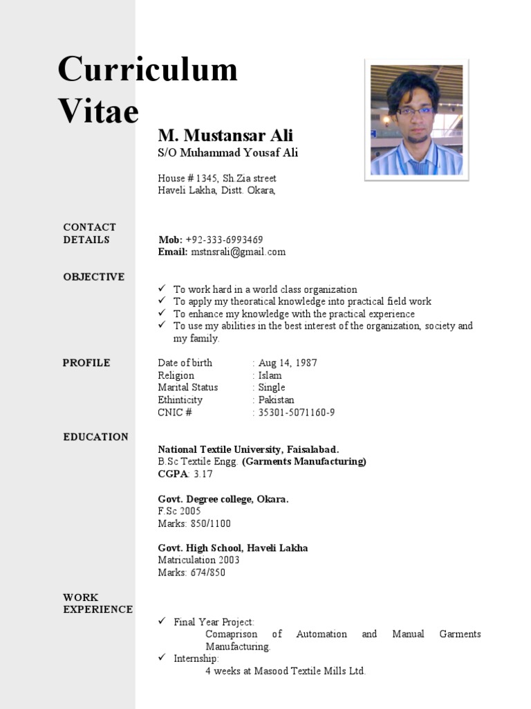 Textile Engineering CV of M. Mustansar Ali | PDF