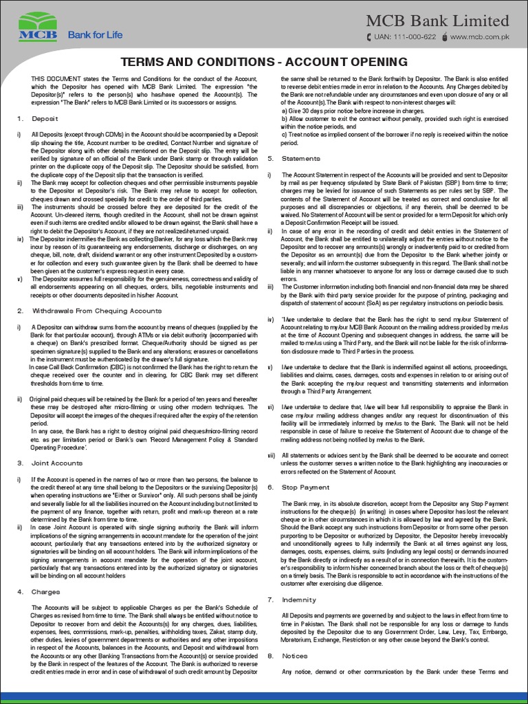 TCs Account Opening PDF Deposit Account Banks