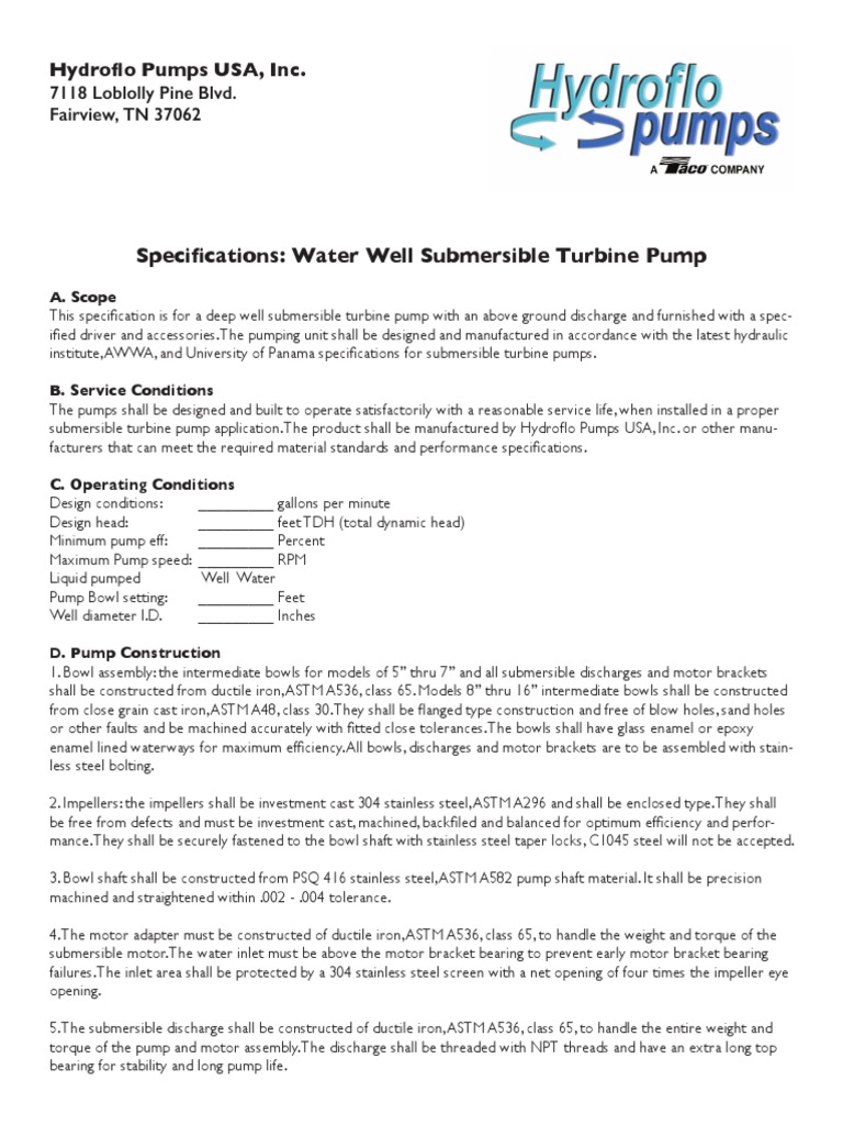 Hydroflo Submersible Pump Specifications | PDF | Pipe (Fluid Conveyance ...