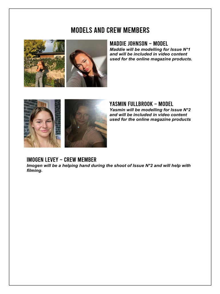 Models and Crew for Upcoming Issues | PDF