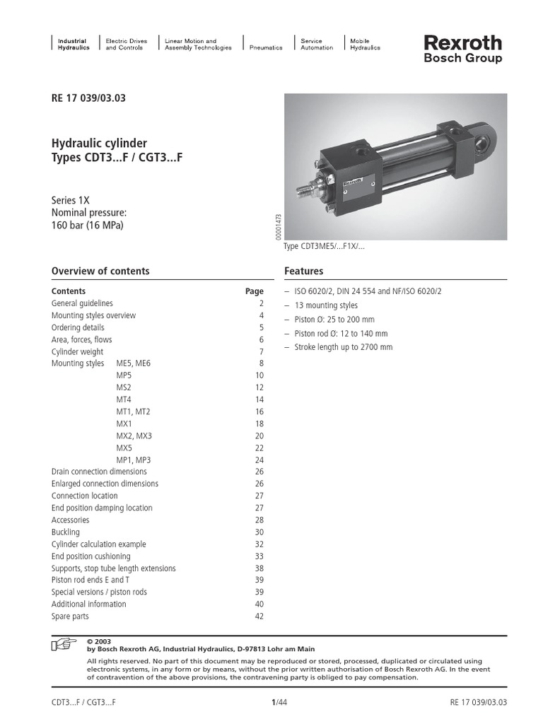 Hydraulic Cylinder Types Cdt3... F / Cgt3... F Series 1X Nominal