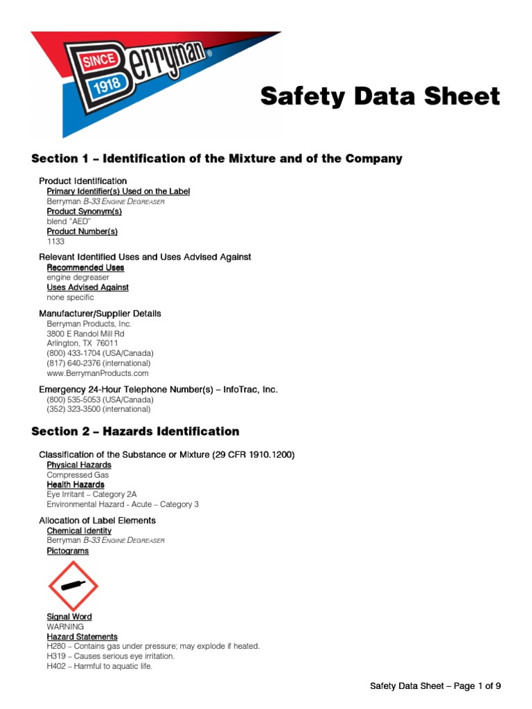 Berryman B-33 Engine Degreaser SDS | PDF | Toxicity | Dangerous Goods