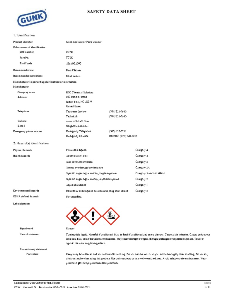 Gunk Carburetor & Parts Cleaner With Dip Basket PDF Firefighting