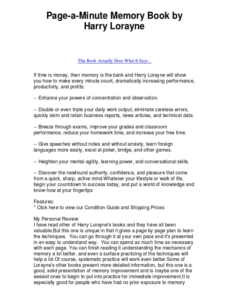 PageaMinute Memory Book by Harry Lorayne This Book Actually Does