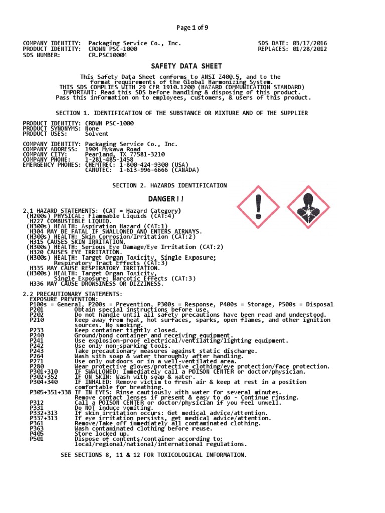 PSC 1000 Parts Washer SDS PDF Fires Personal Protective Equipment