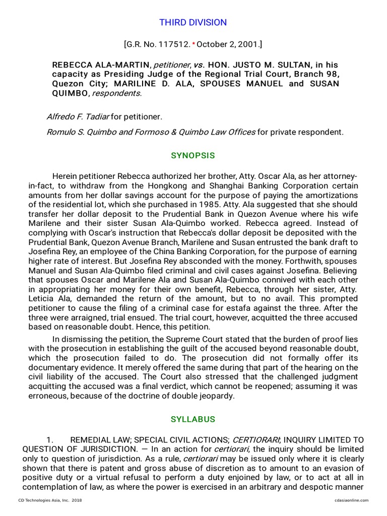 Petitioner Vs Vs Respondents Alfredo F. Tadiar Romulo S. Quimbo and