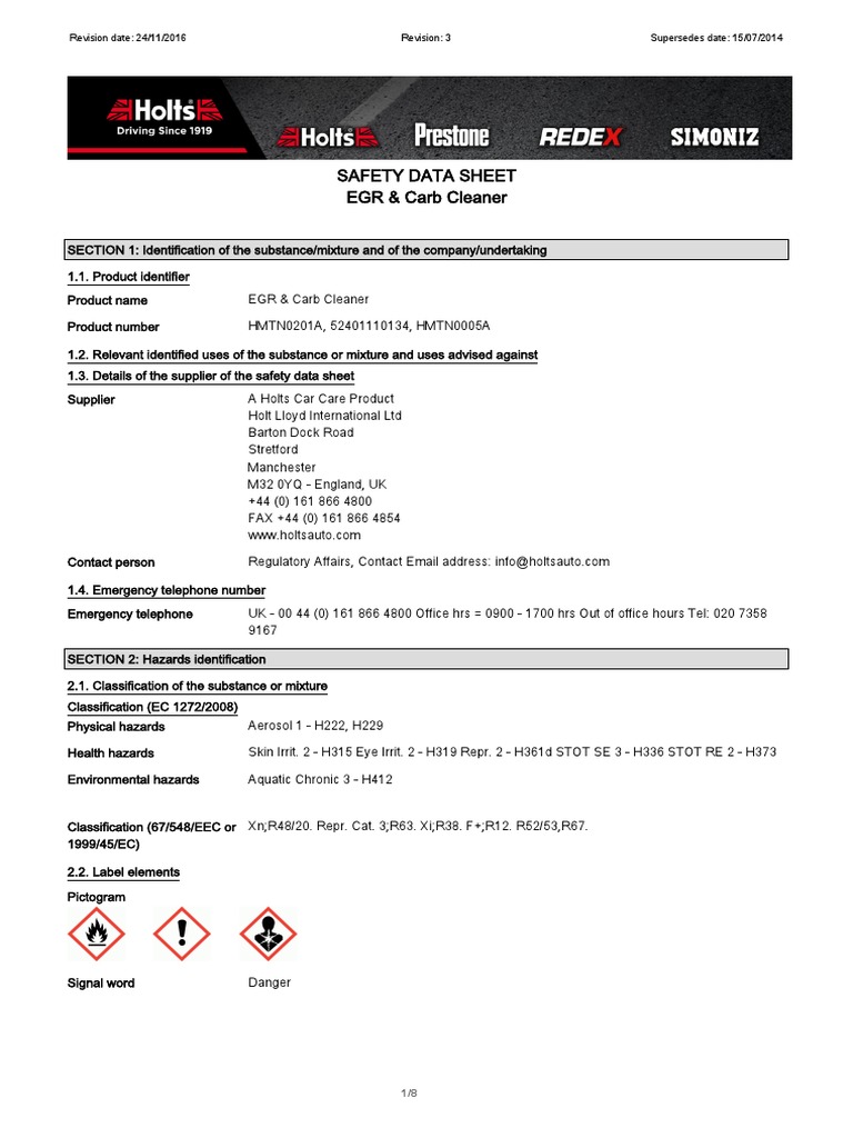 EGR & Carb Cleaner Safety Data Sheet | PDF | Toxicity | Dangerous Goods