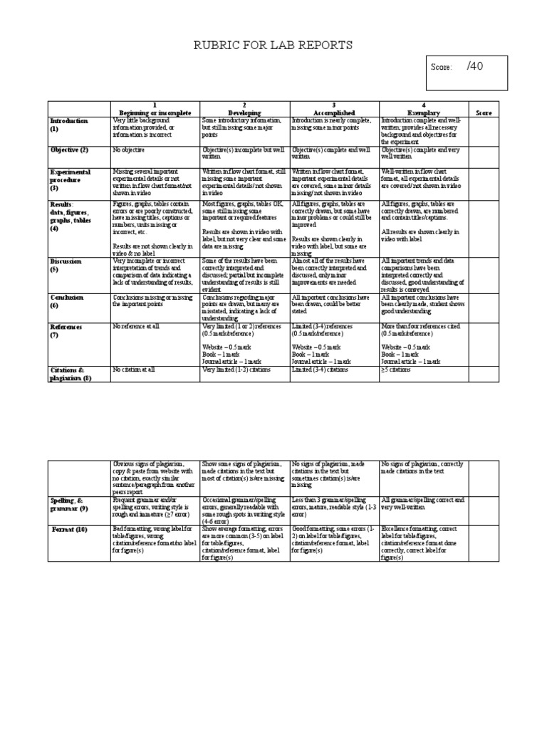 Rubric For Lab Reports /40 | Download Free PDF | Citation | Plagiarism