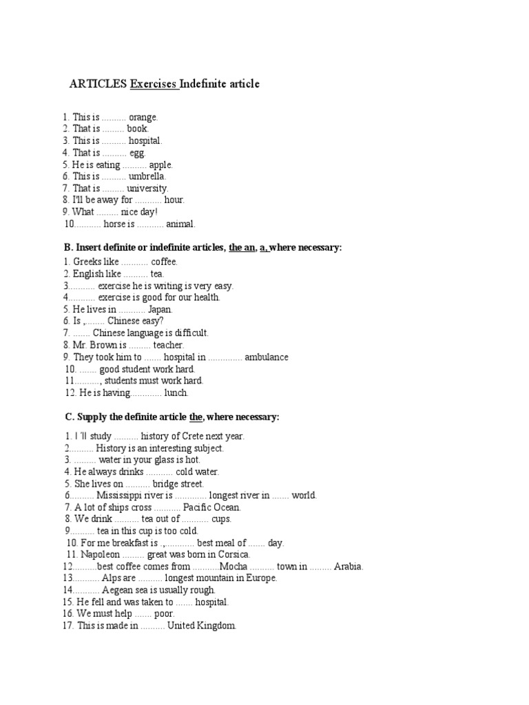 Articles Exercises Indefinite Article Meal