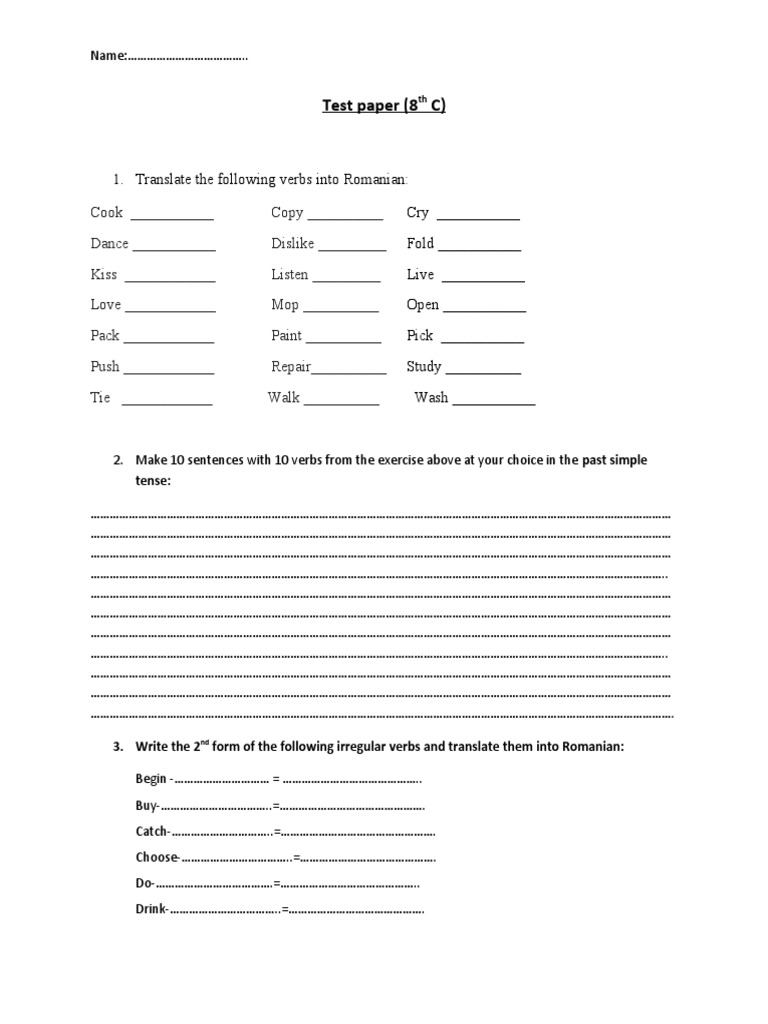 Romanian Verb Translation Test | PDF | Teaching Methods & Materials