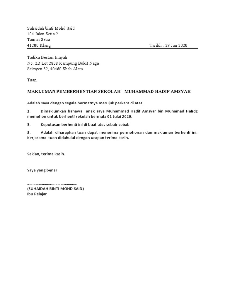 Surat Berhenti Sekolah Pdf