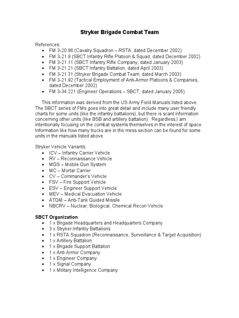Stryker Brigade Combat Team Structure | PDF | Battalion | Company ...
