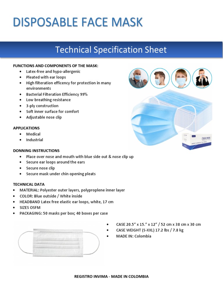 Disposable Face Mask Data Sheet PDF