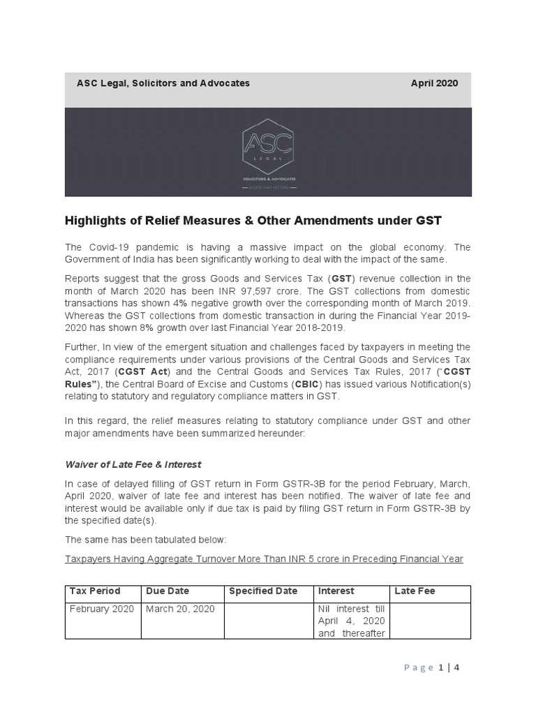 Highlights of Relief Measures & Other Amendments Under GST ASC Legal